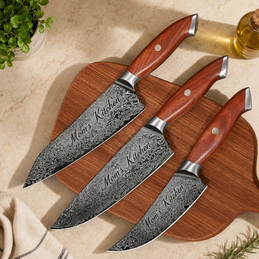 Personalized Engraved 3-Piece Damascus Kitchen Chef, Boning, Kiritsuke Knife Set – Walnut Wood Handles