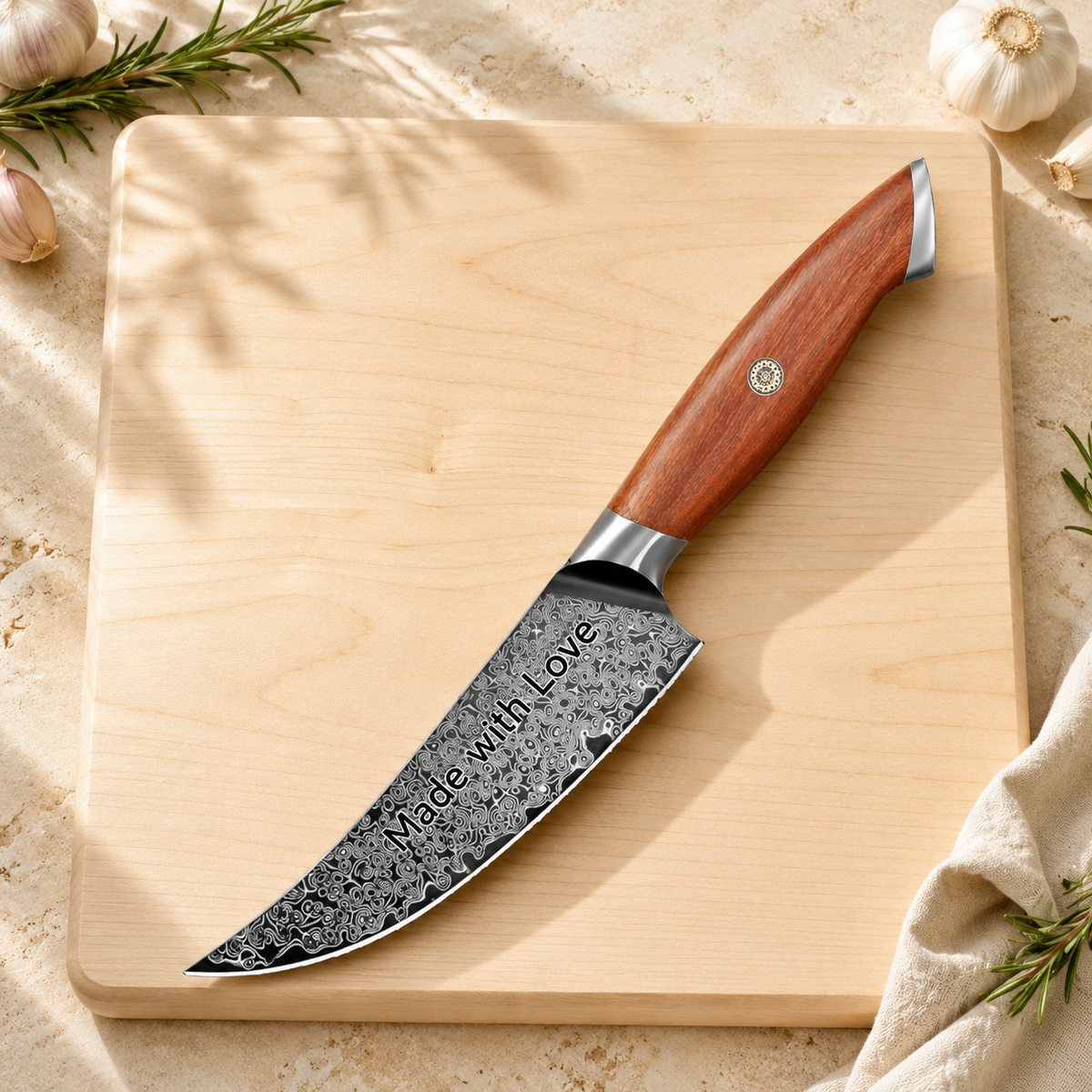 Personalized 6.1" Damascus Boning Knife – Walnut Wood Handle