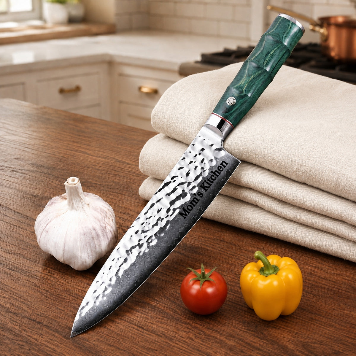 Personalized Engraved 8" Damascus Kitchen Chef Knife – Green Walnut Wood Handle