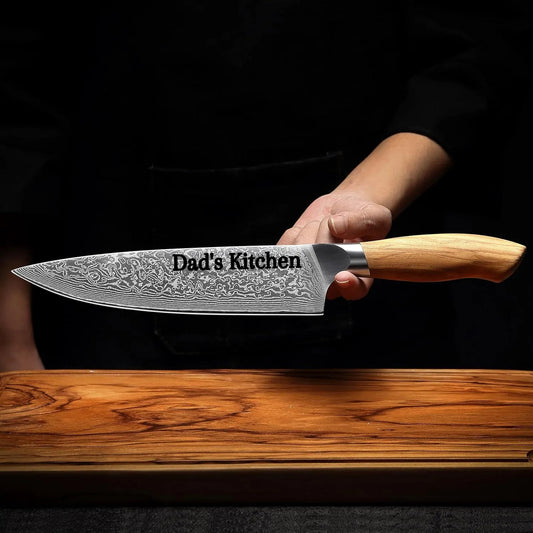 Personalized Engraved Damascus Chef Knife – Olive Wood Handle