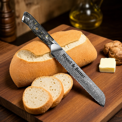 Personalized 8" Damascus Bread Knife – Black Gold G10 Handle