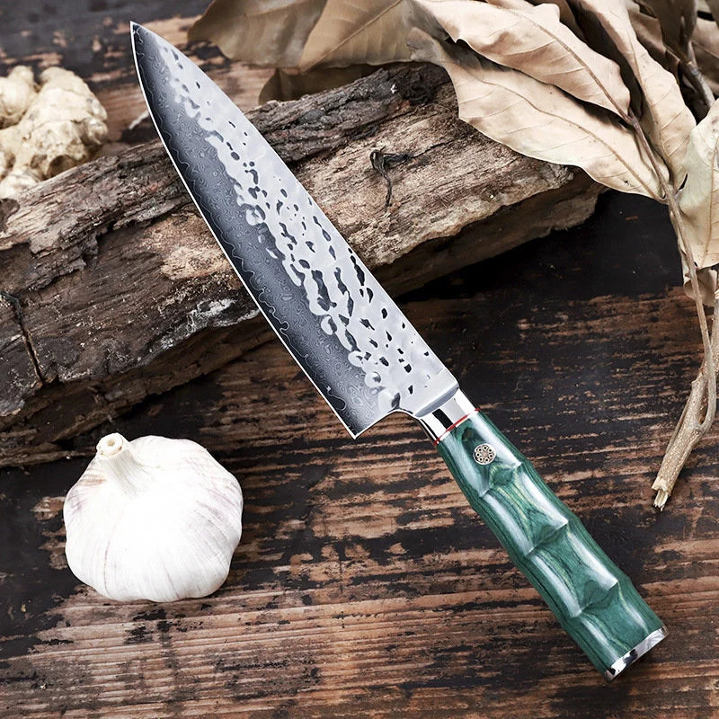 Personalized Engraved 8" Damascus Kitchen Chef Knife – Green Walnut Wood Handle