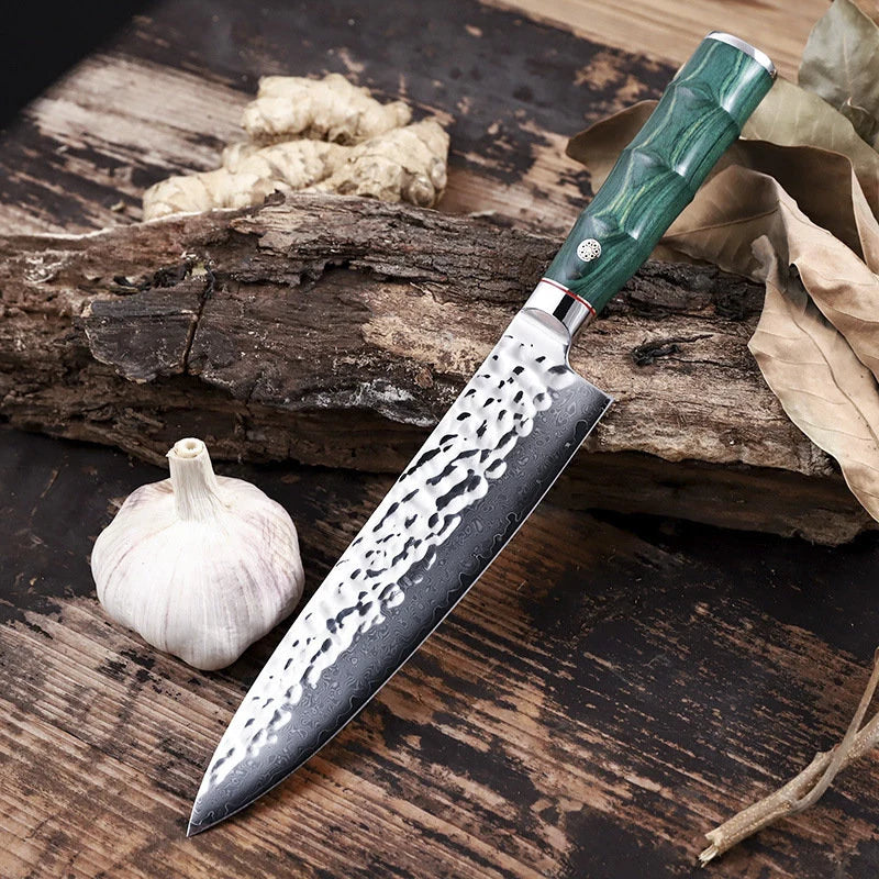 Personalized Engraved 8" Damascus Kitchen Chef Knife – Green Walnut Wood Handle