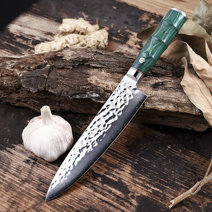 Personalized Engraved 8" Damascus Kitchen Chef Knife – Green Walnut Wood Handle