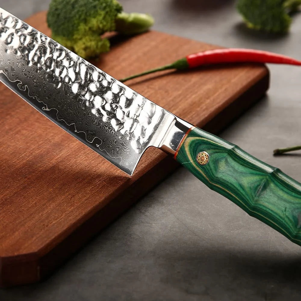 Personalized Engraved 8" Damascus Kitchen Chef Knife – Green Walnut Wood Handle