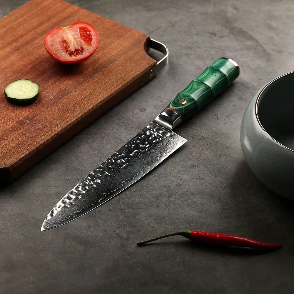 Personalized Engraved 8" Damascus Kitchen Chef Knife – Green Walnut Wood Handle