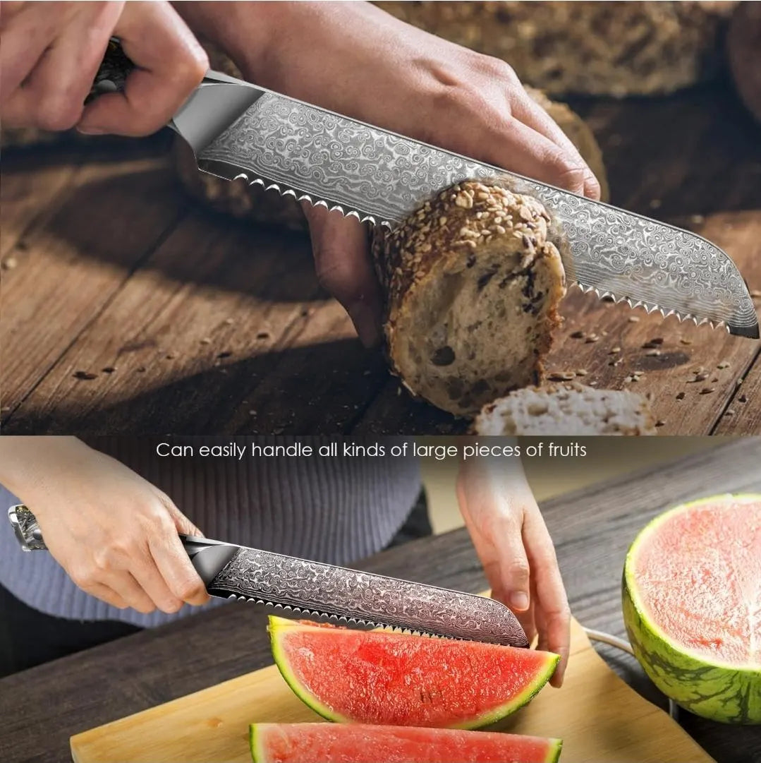 Personalized 8" Damascus Bread Knife – Black Gold G10 Handle