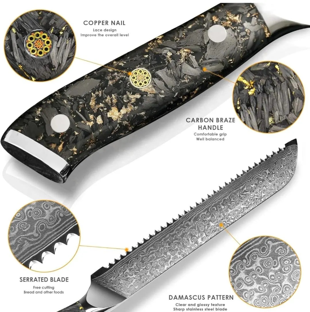 Personalized 8" Damascus Bread Knife – Black Gold G10 Handle