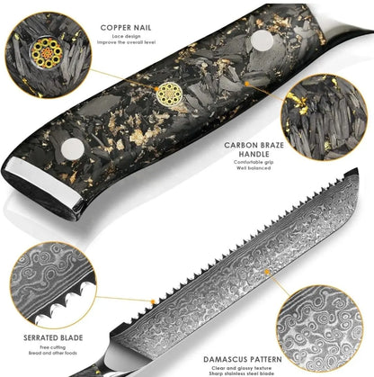 Personalized 8" Damascus Bread Knife – Black Gold G10 Handle