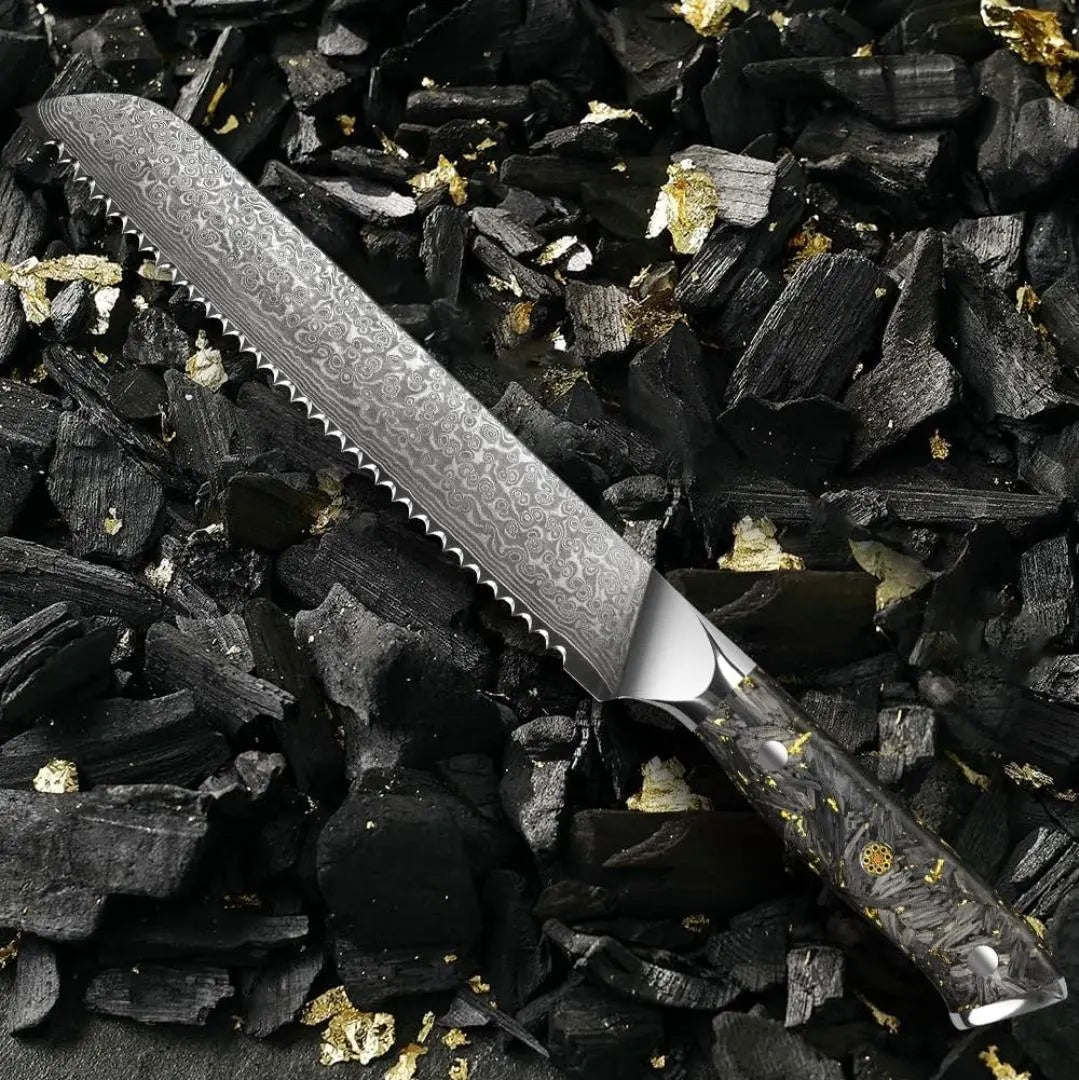 Personalized 8" Damascus Bread Knife – Black Gold G10 Handle