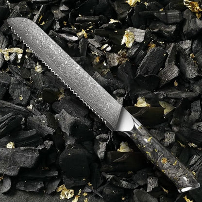 Personalized 8" Damascus Bread Knife – Black Gold G10 Handle