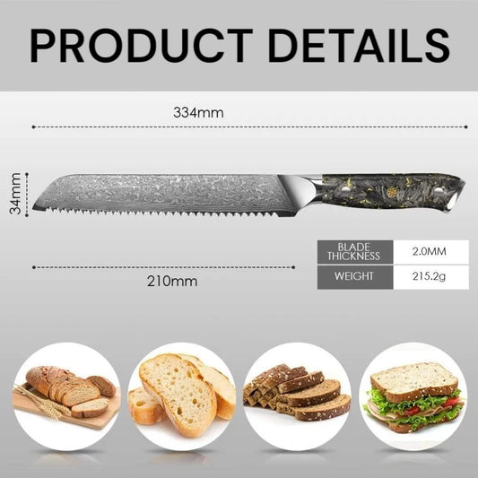 Personalized 8" Damascus Bread Knife – Black Gold G10 Handle