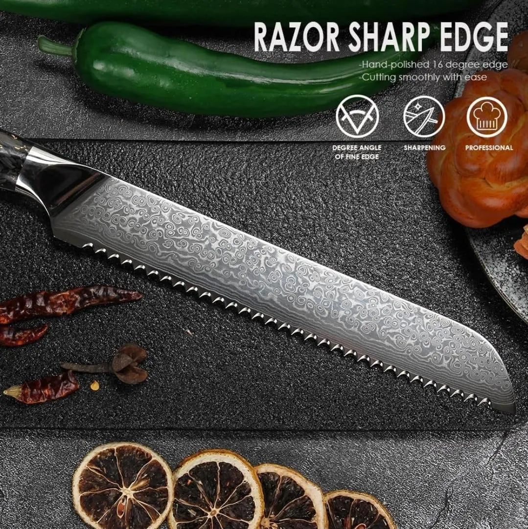 Personalized 8" Damascus Bread Knife – Black Gold G10 Handle
