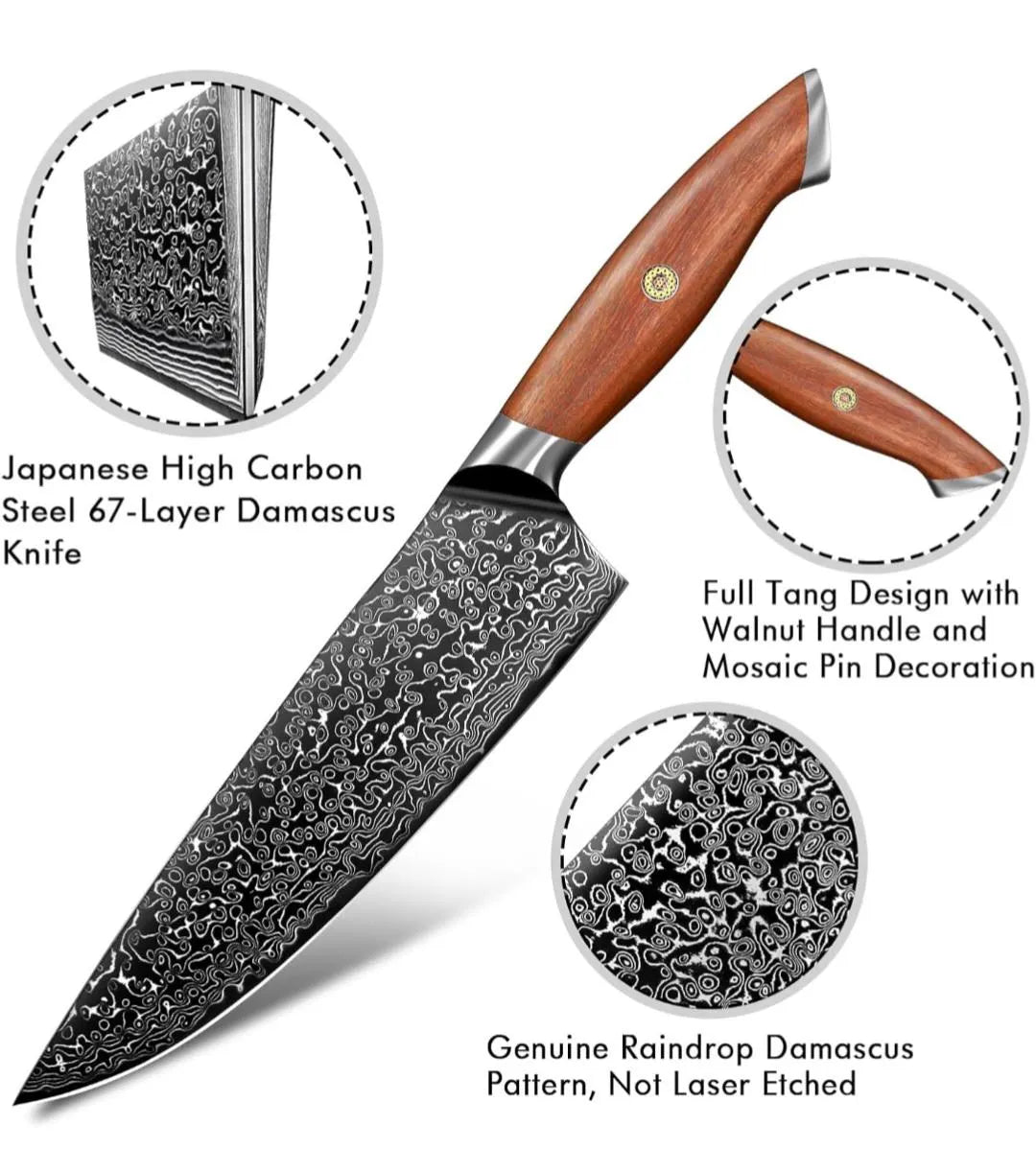 Personalized Engraved 3-Piece Damascus Kitchen Chef, Boning, Kiritsuke Knife Set – Walnut Wood Handles