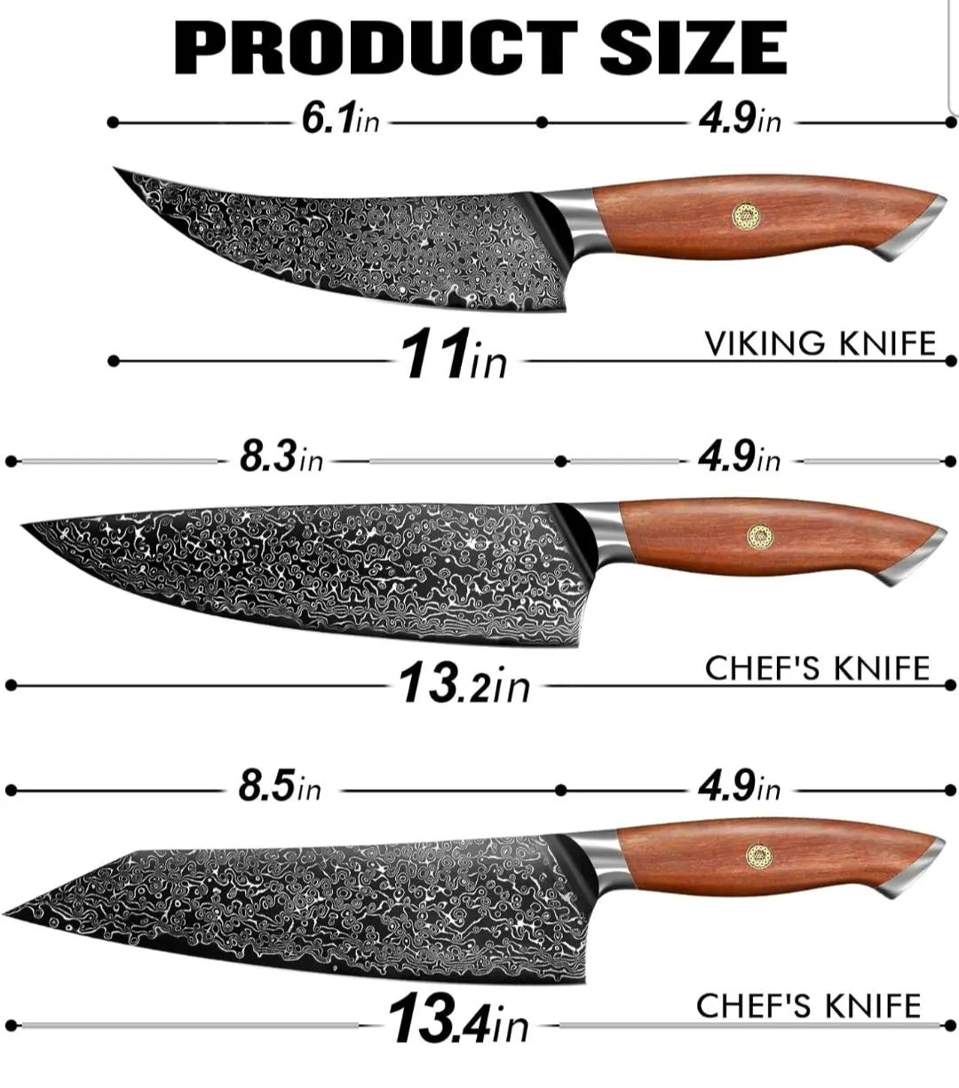 Personalized Engraved 3-Piece Damascus Kitchen Chef, Boning, Kiritsuke Knife Set – Walnut Wood Handles