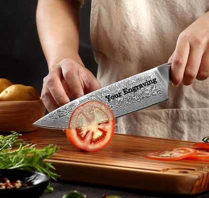 Personalized Engraved Damascus Chef Knife – Olive Wood Handle