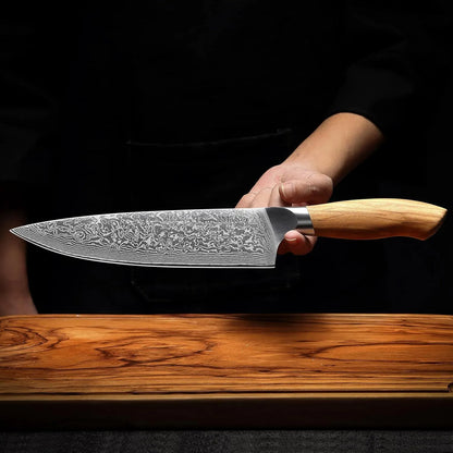 Personalized Engraved Damascus Chef Knife – Olive Wood Handle