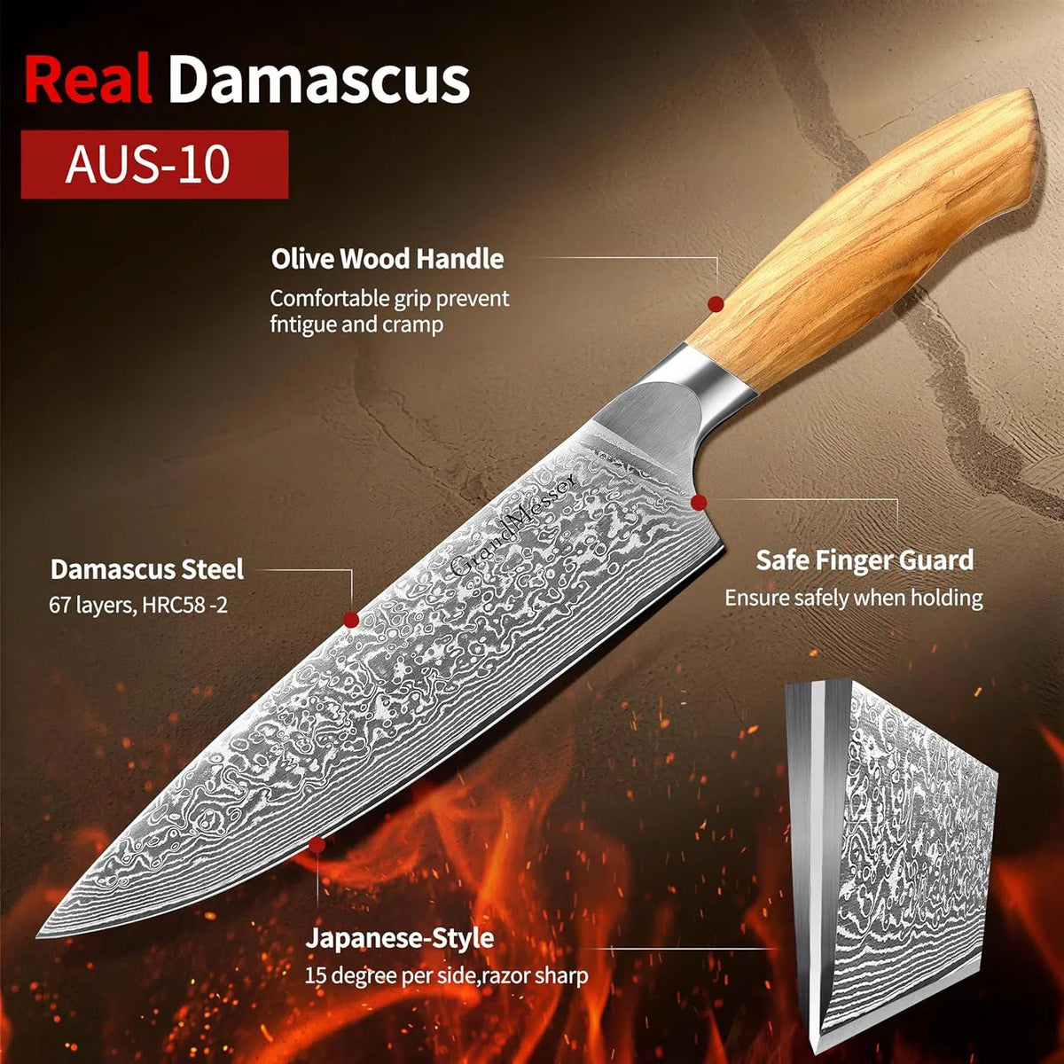 Personalized Engraved Damascus Chef Knife – Olive Wood Handle