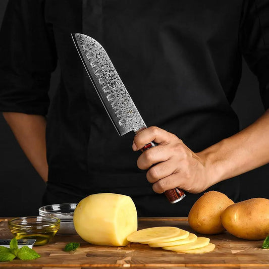 Personalized 7" Damascus Santoku Knife – Pakka Wood Handle