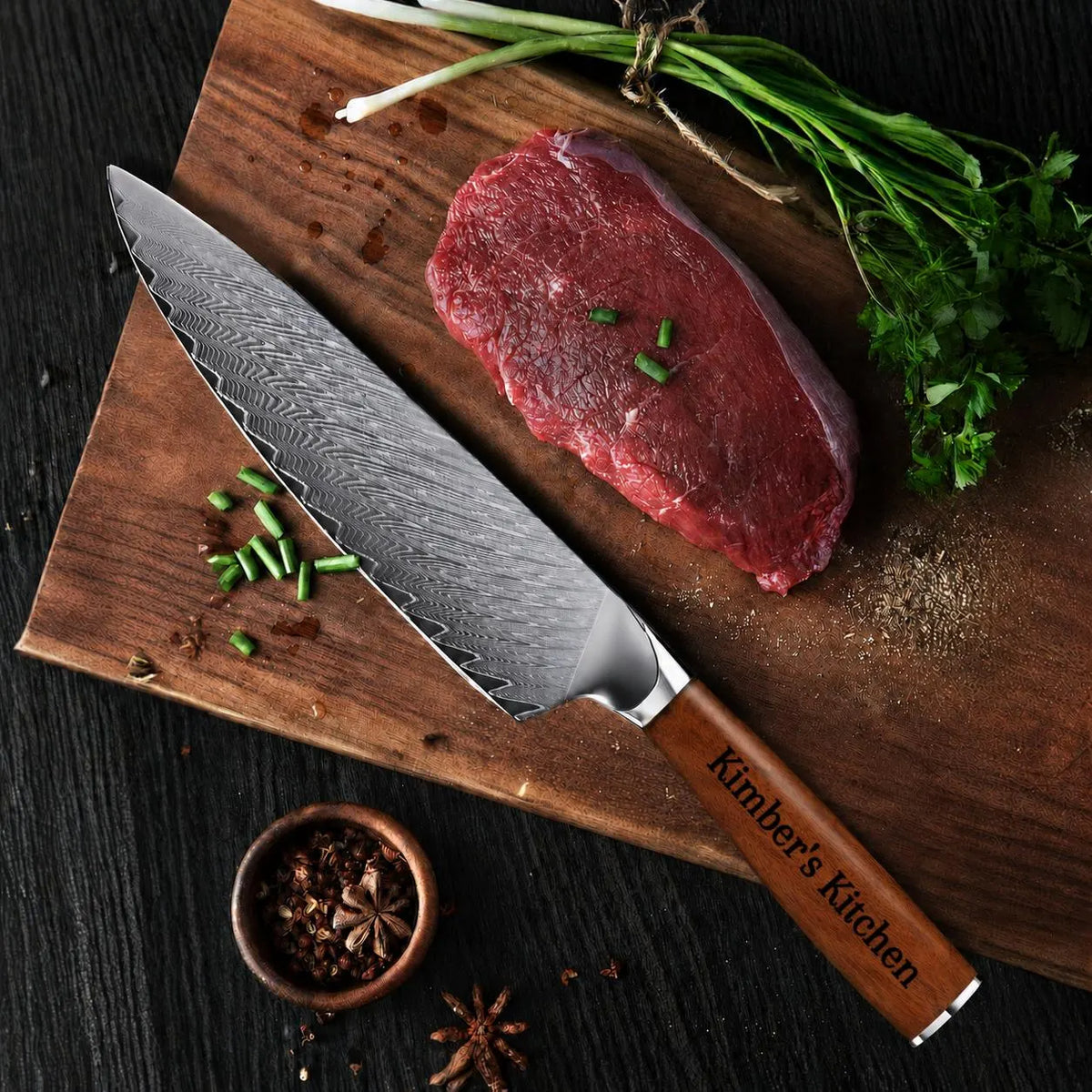 Custom Engraved 8" Damascus Chef Knife – Pakka Wood Handle